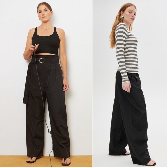 GANNI 90s D-Ring Cinch Belt Pleated High Waist Wide Leg Black Tech Nylon Pants L - Picture 1 of 6